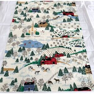 Vtg Fabric Traditions Christmas Fabric BTY Country Christmas Farm Scene Cotton